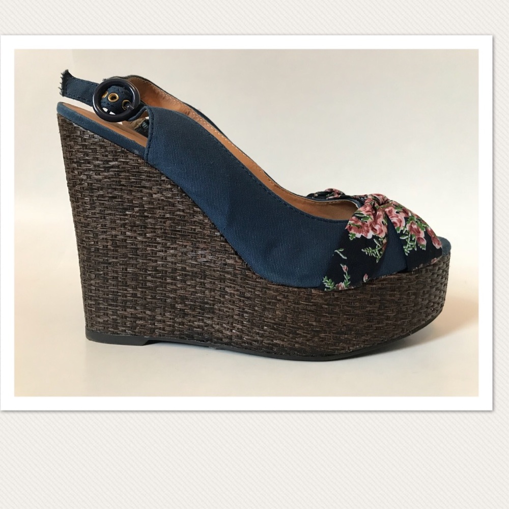 Qupid Blue Canvas Bow Slingback Wedge - Picture 5 of 8